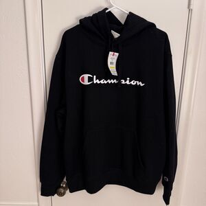 Mens L NWT Champion Black Powerblend Graphic Hoodie Sweatshirt
